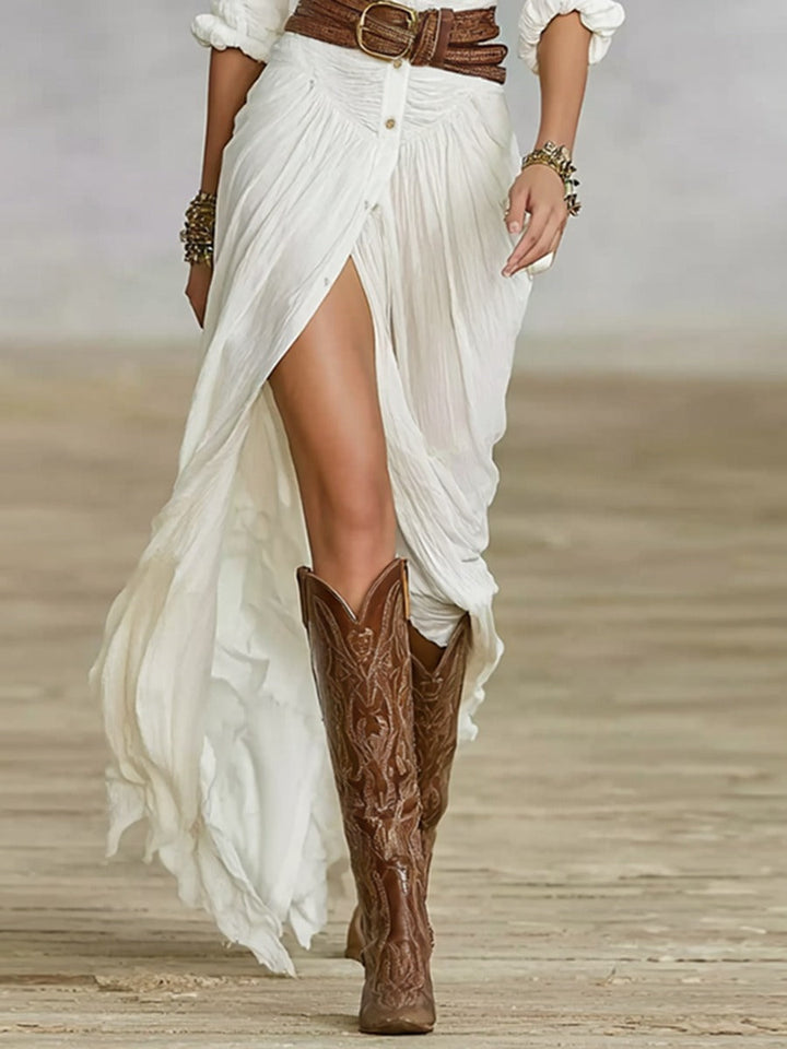 Belted Long Dress With Pleated Cuffs In Cotton And Linen