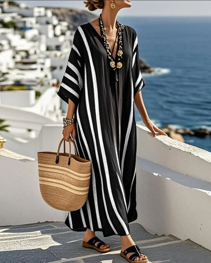 Loose V-Neck Striped Dress