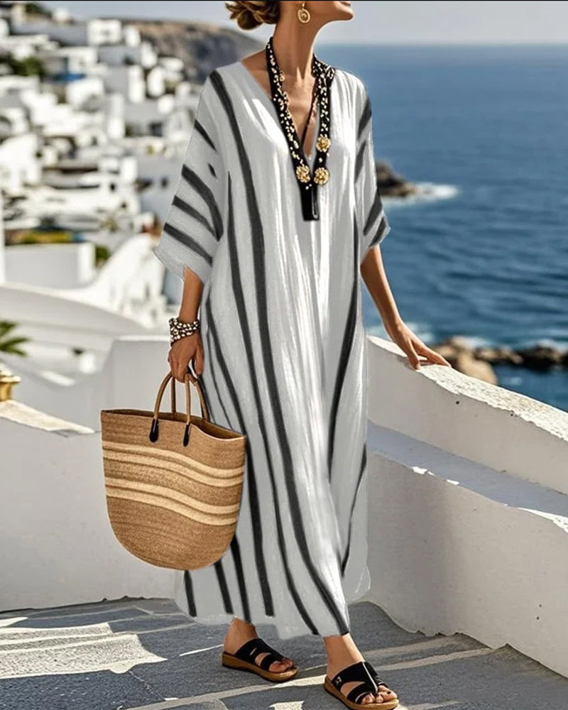 Loose V-Neck Striped Dress