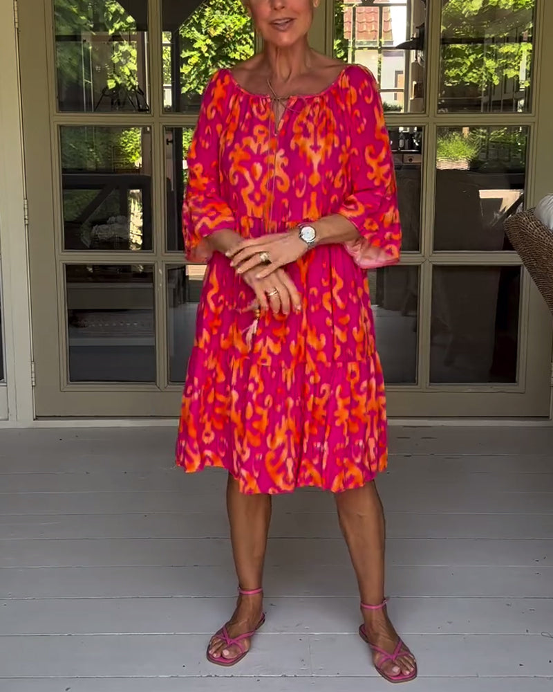 Red Dress With Print And Three-Quarter Sleeves