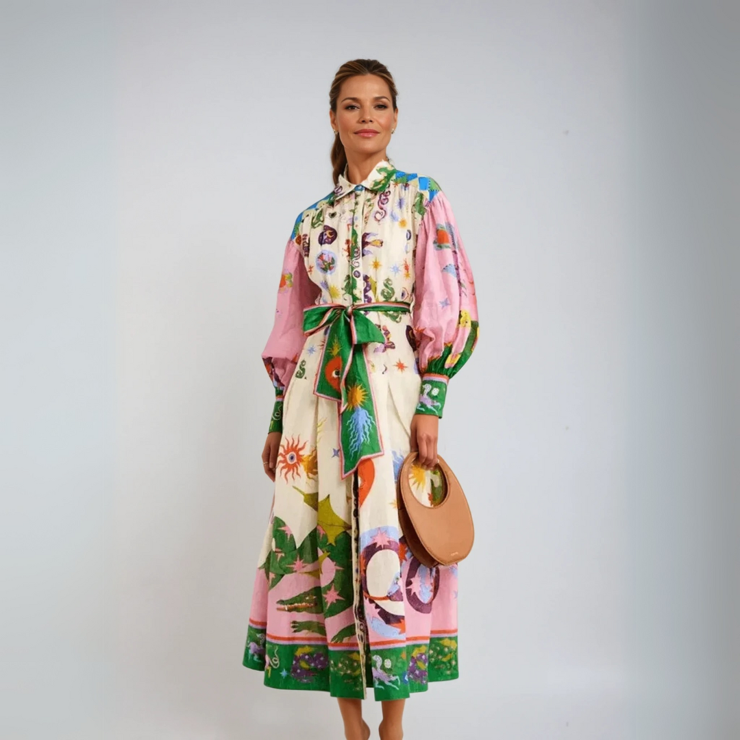 Dorthe | Colorful Print Belted Dress