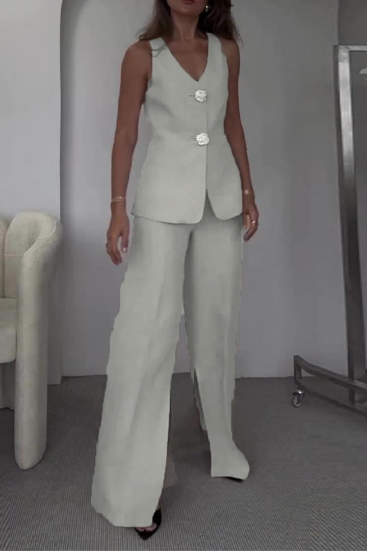 ARIANWEN – ELEGANT SOLID COLOR PATCHWORK V-NECK TWO-PIECE SET