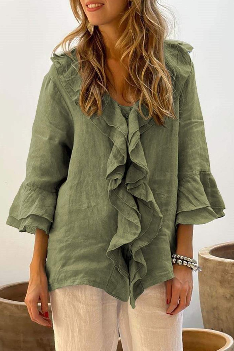 ARIETTA – CASUAL SOLID COLOR RUFFLE V-NECK BLOUSE