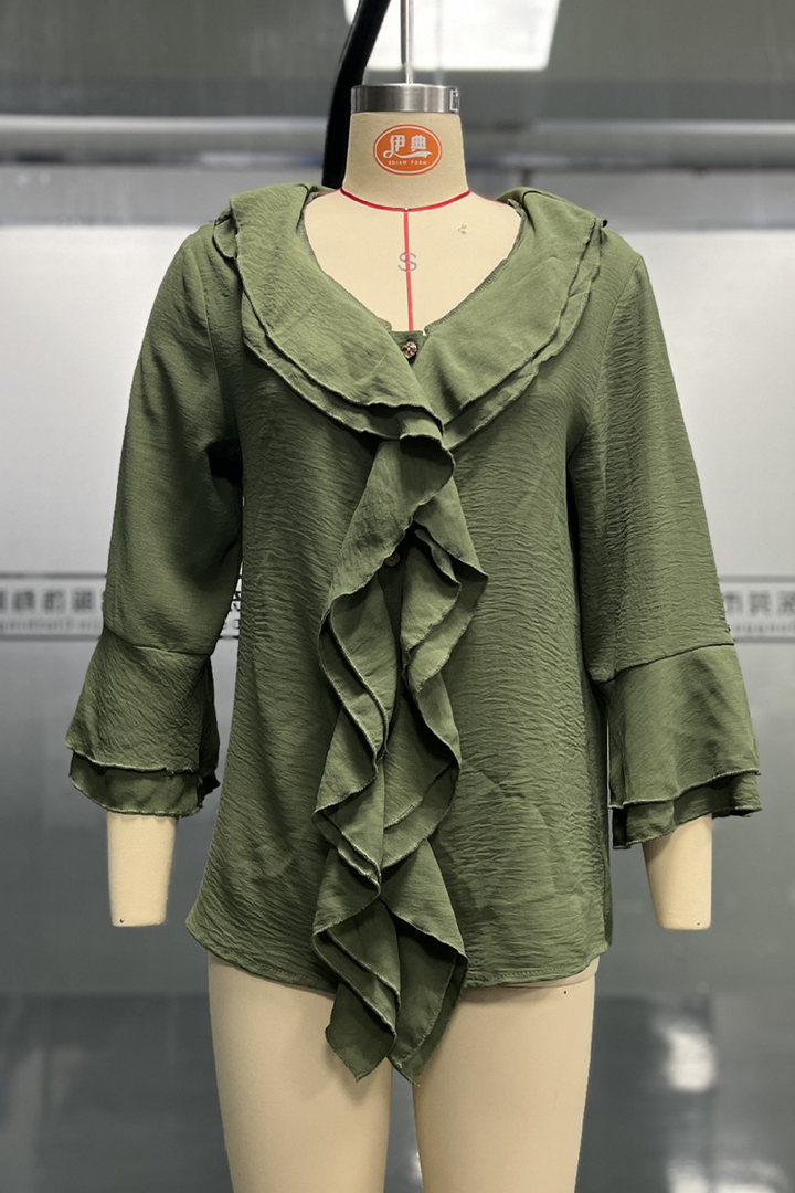 ARIETTA – CASUAL SOLID COLOR RUFFLE V-NECK BLOUSE