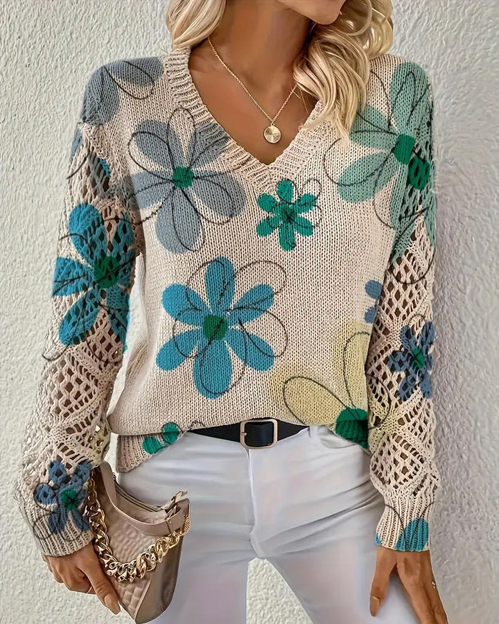 V-Neck Sweater with Openwork Pattern