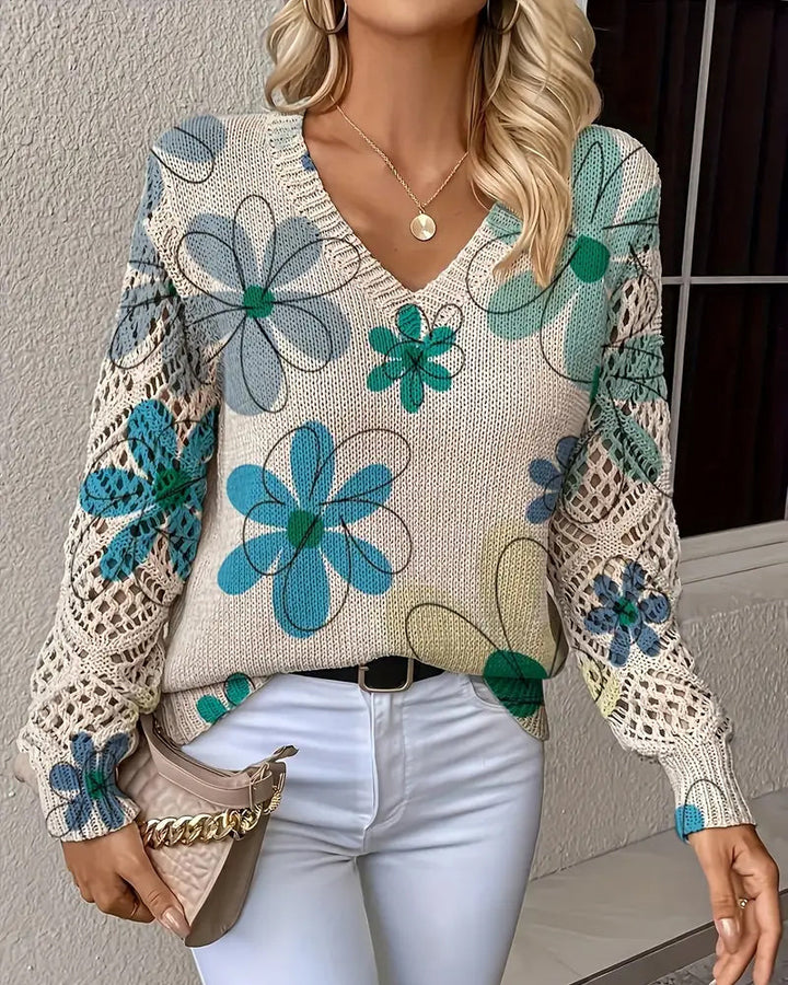 V-Neck Sweater with Openwork Pattern