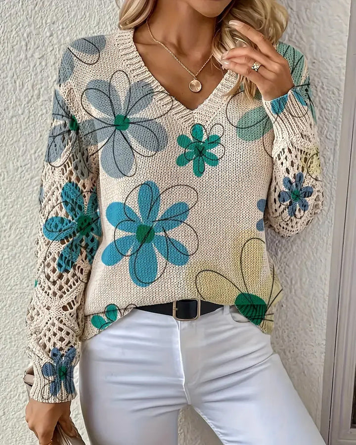 V-Neck Sweater with Openwork Pattern
