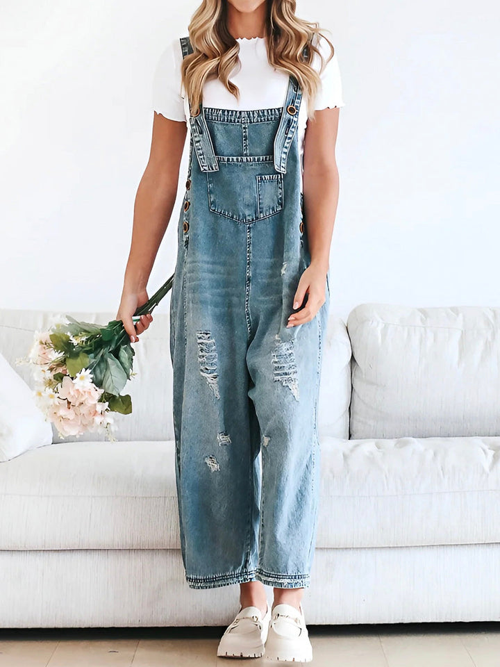 ELESSA – LOOSE FIT DENIM DUNGAREES IN DISTRESSED LOOK