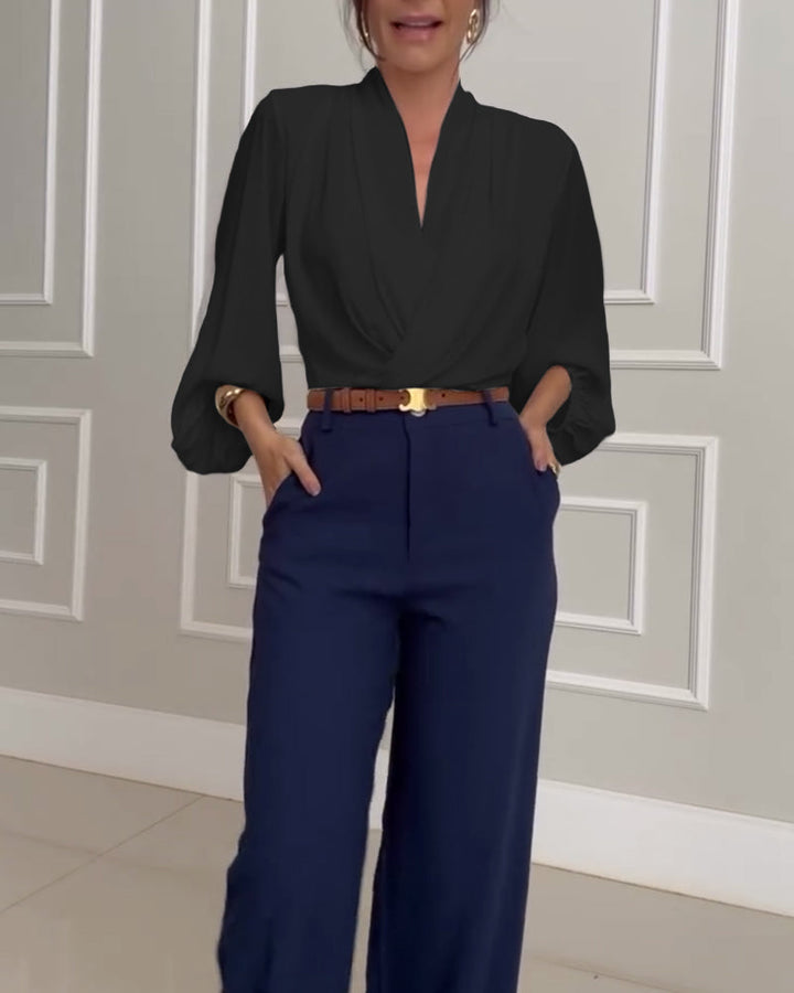 Trendy Lantern Sleeve Blouse with Solid V-Neck