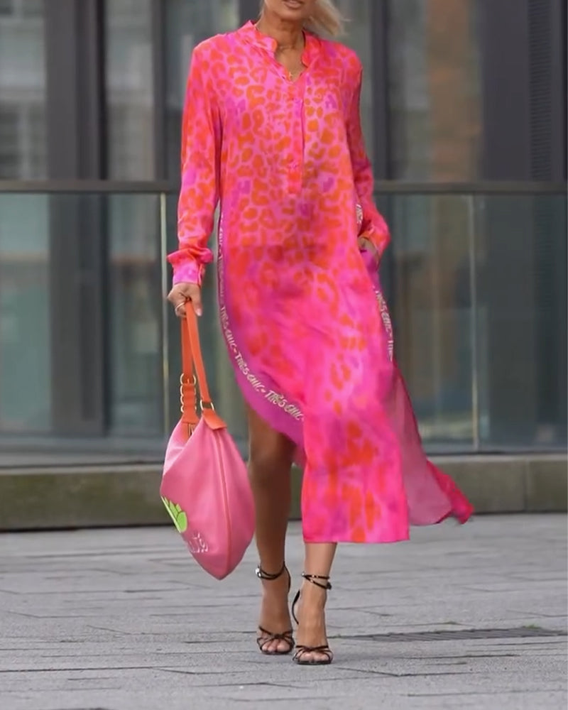 Dress Long Sleeve Leopard Print Split