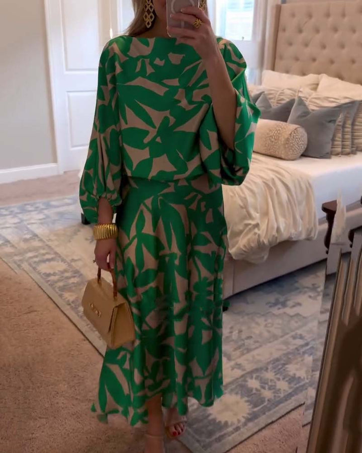 Set Dress Casual Printed Lantern Sleeves Temperament