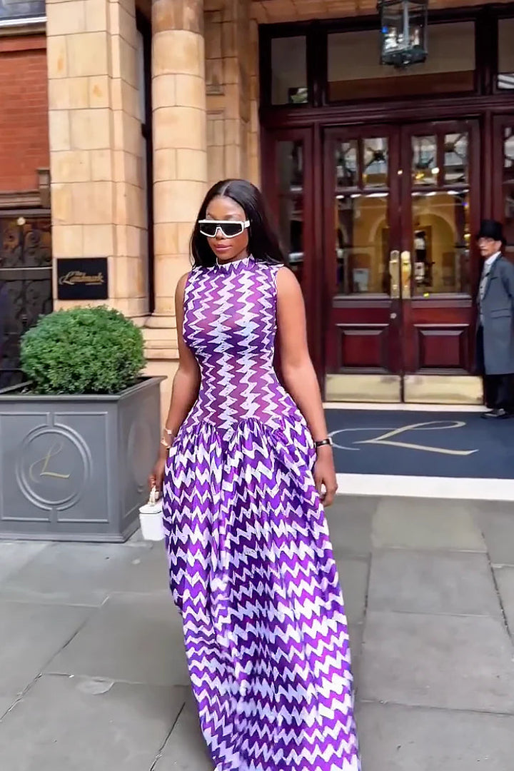Purple Zigzag Print Maxi Dress