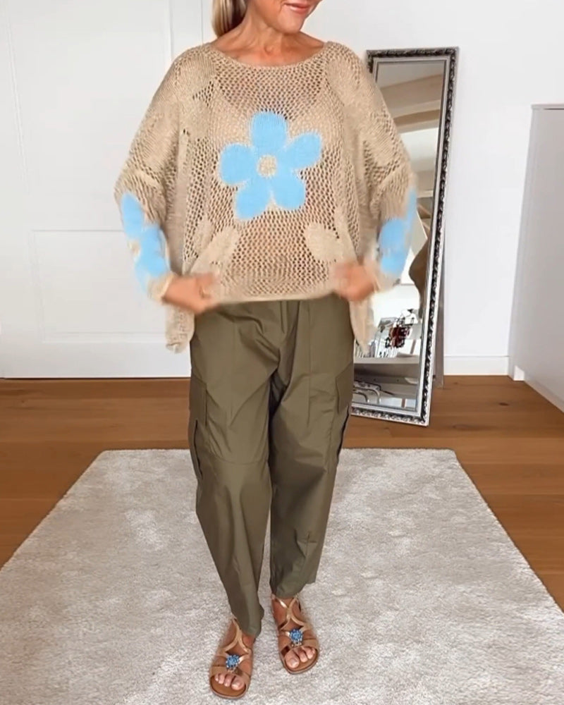 Hollow Pattern Sweater with Floral Motifs