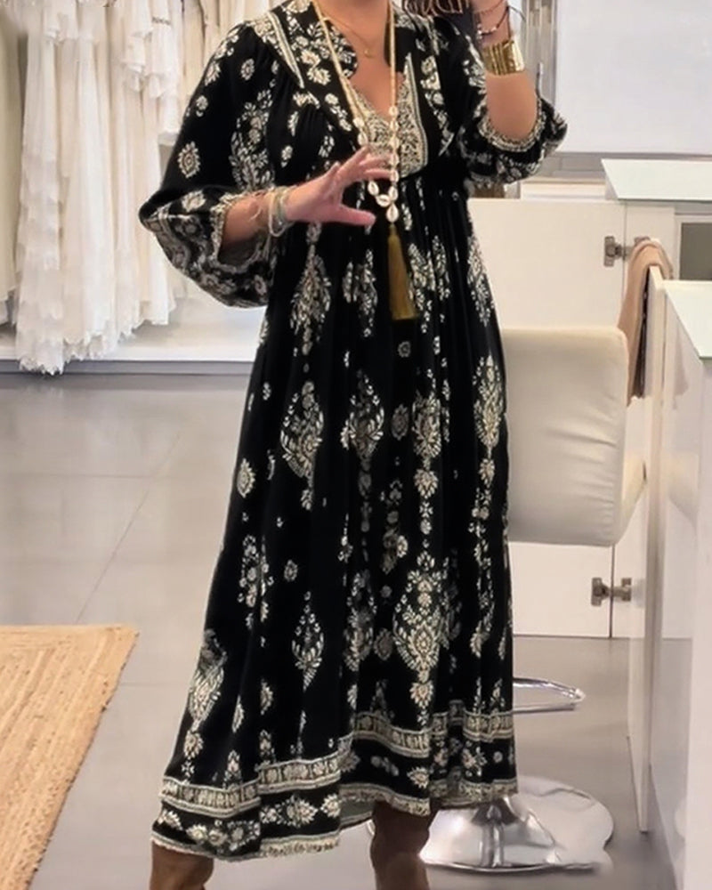 Casual Printed Dress with Loose Pockets