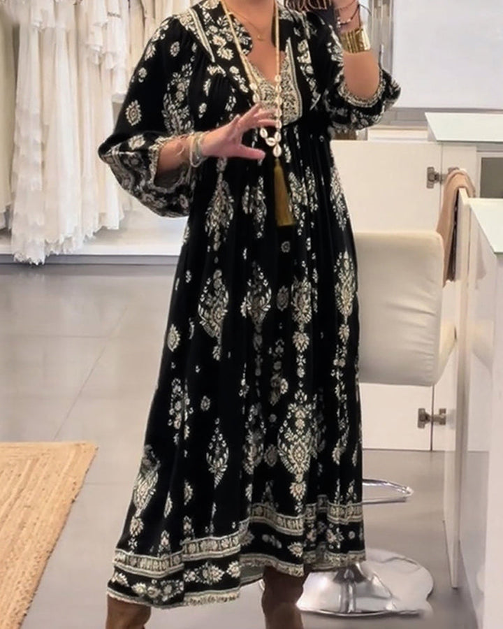 Casual Printed Dress with Loose Pockets