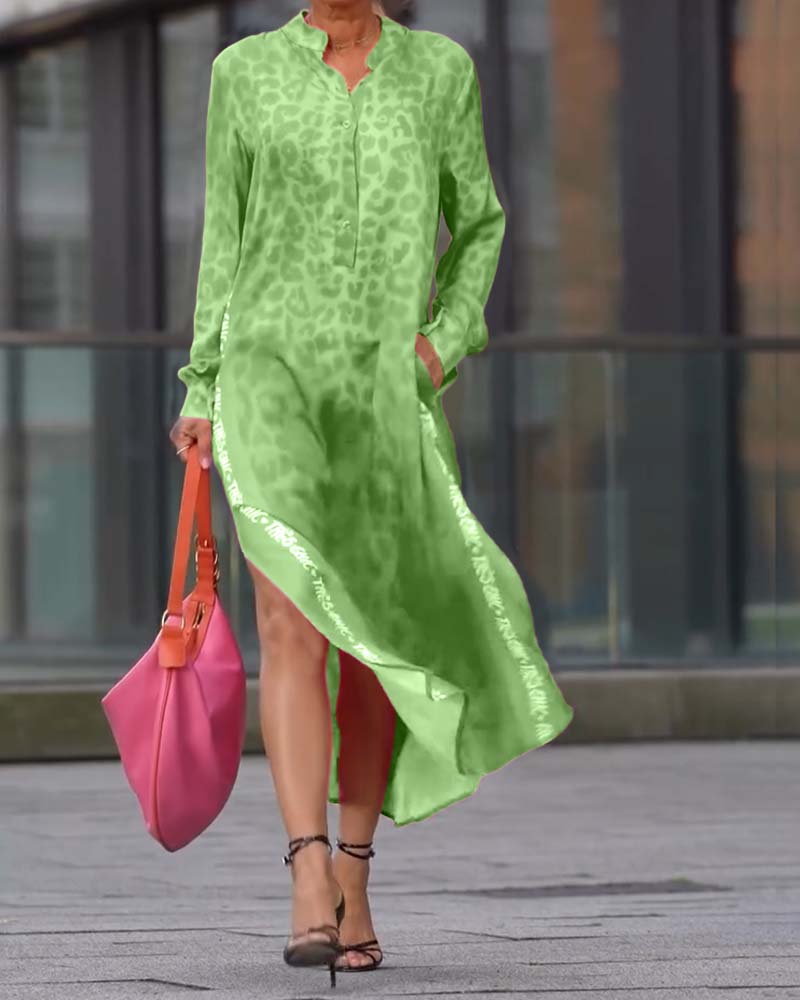 Dress Long Sleeve Leopard Print Split