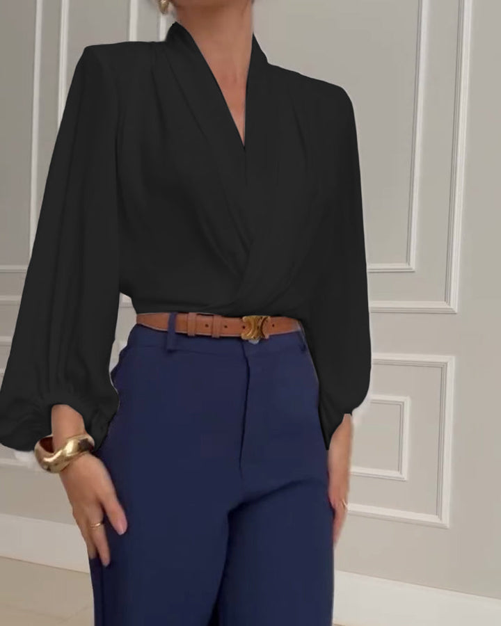 Trendy Lantern Sleeve Blouse with Solid V-Neck