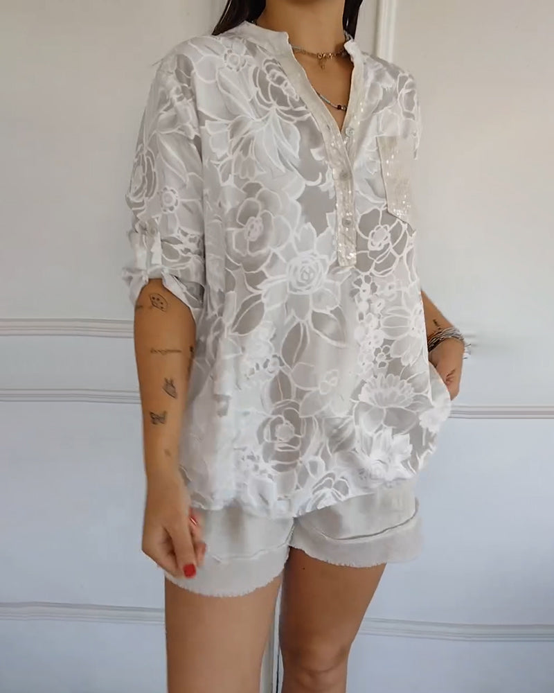 Kelya | Loose Floral Print Blouse with Glitter Details
