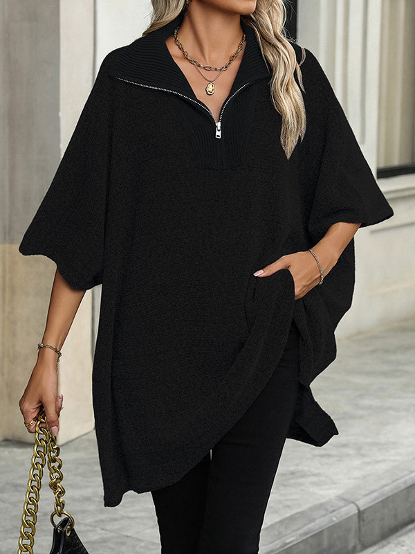 Olivia - Zip Collar Knit Sweater Poncho
