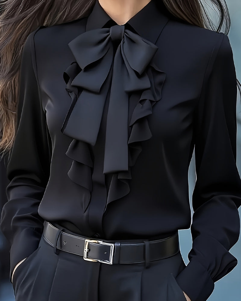 Long Sleeve Blouse with Knot and Ruffles