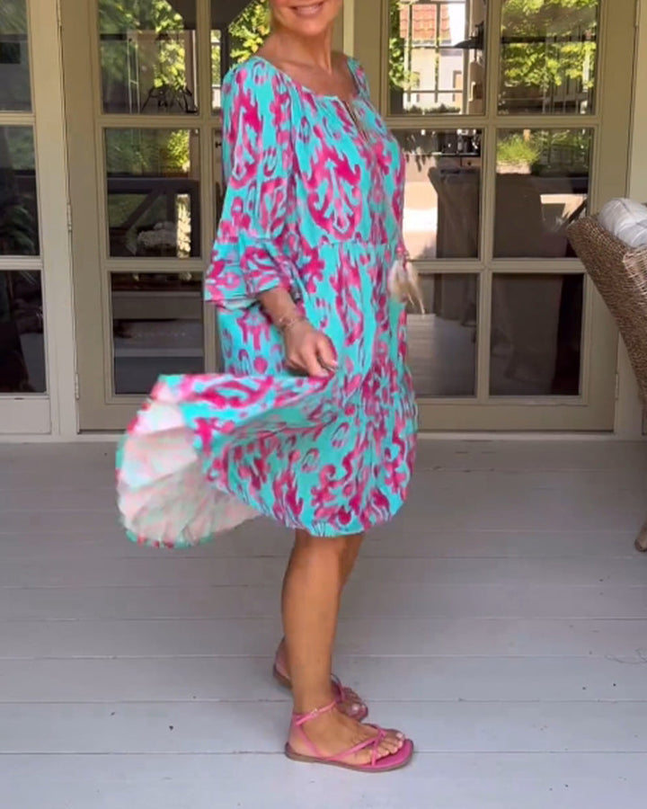 Red Dress With Print And Three-Quarter Sleeves