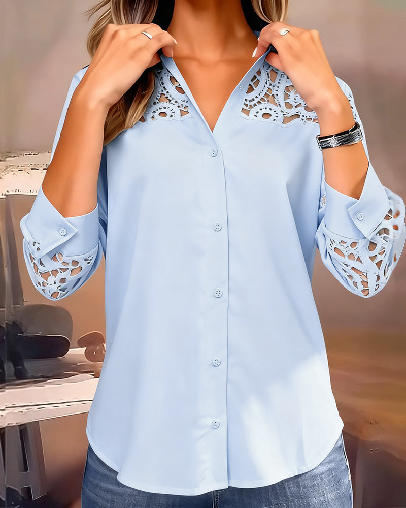 Solid Color Blouse with Lace Patchwork