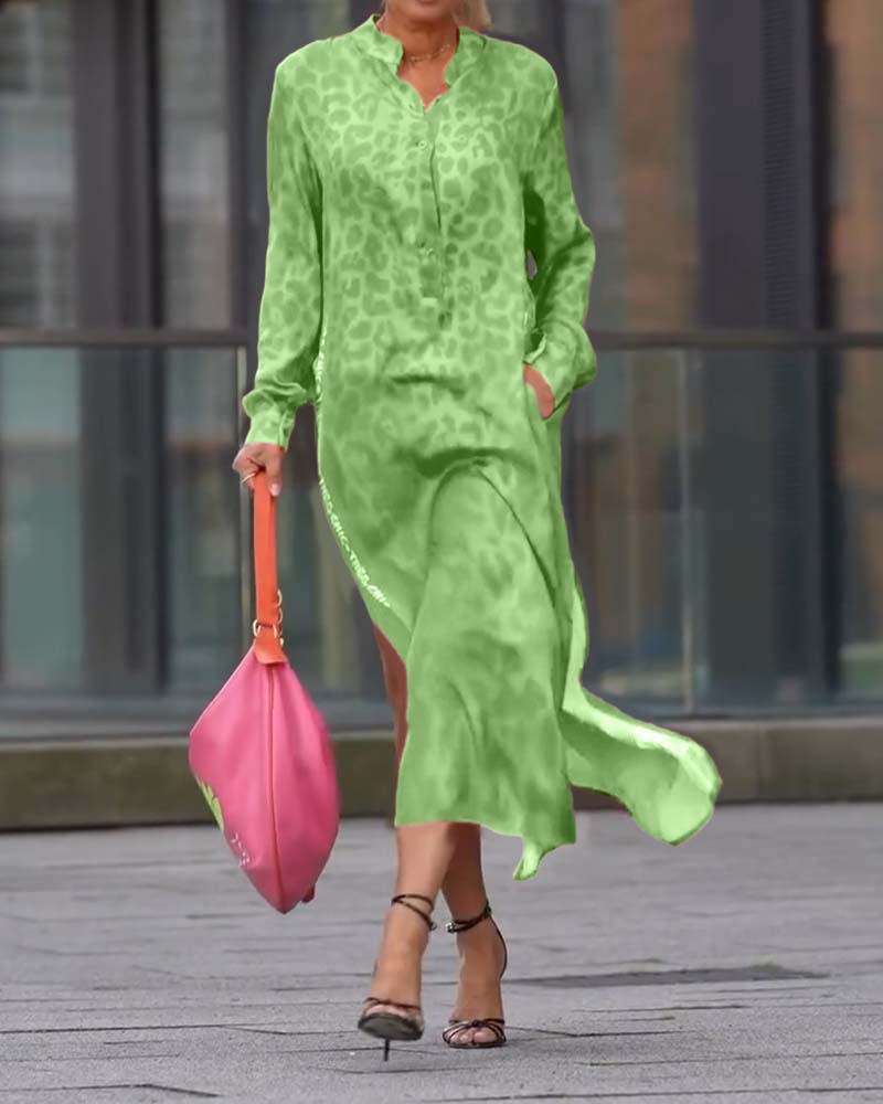 Dress Long Sleeve Leopard Print Split