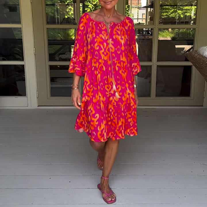 Red Dress With Print And Three-Quarter Sleeves
