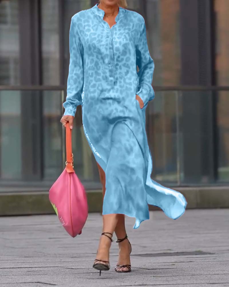 Dress Long Sleeve Leopard Print Split