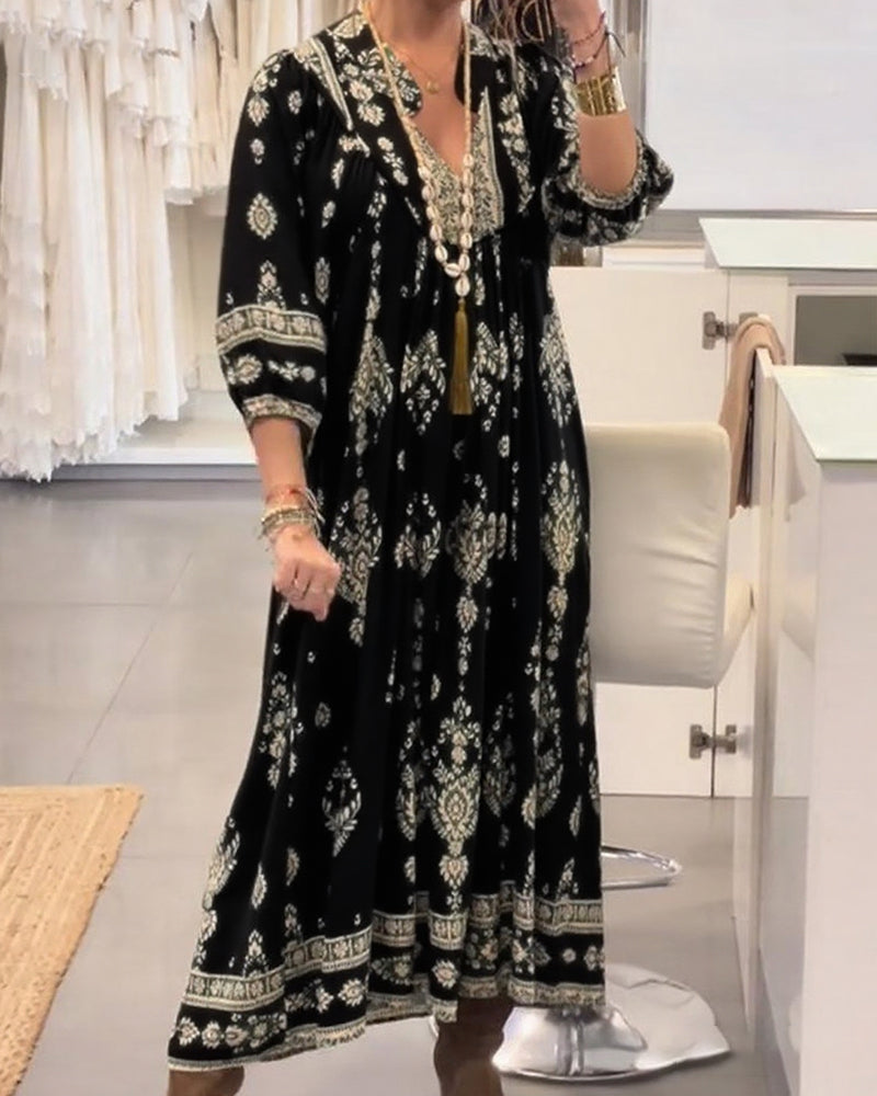 Casual Printed Dress with Loose Pockets