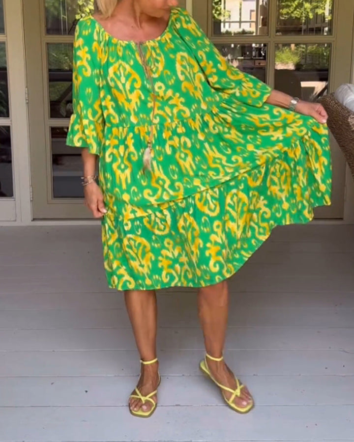 Red Dress With Print And Three-Quarter Sleeves