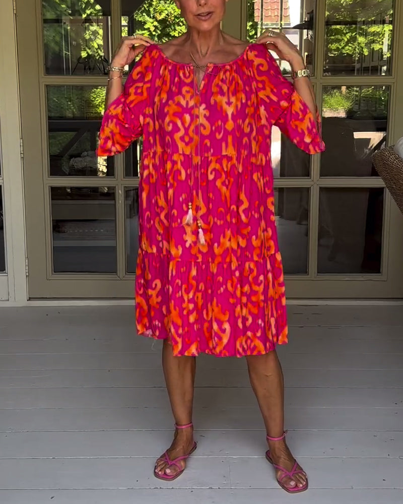 Red Dress With Print And Three-Quarter Sleeves