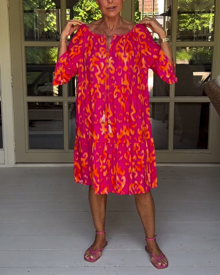 Red Dress With Print And Three-Quarter Sleeves