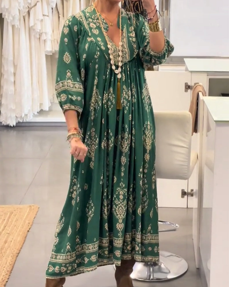 Casual Printed Dress with Loose Pockets