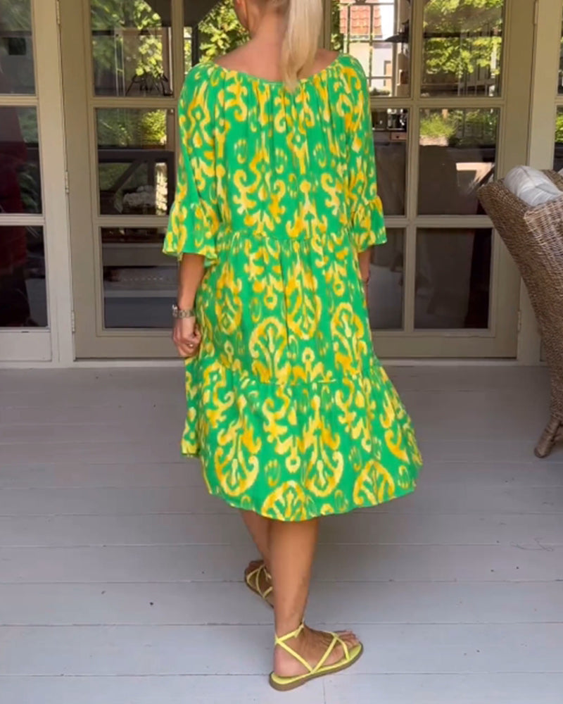 Red Dress With Print And Three-Quarter Sleeves