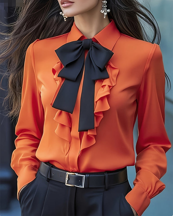 Long Sleeve Blouse with Knot and Ruffles
