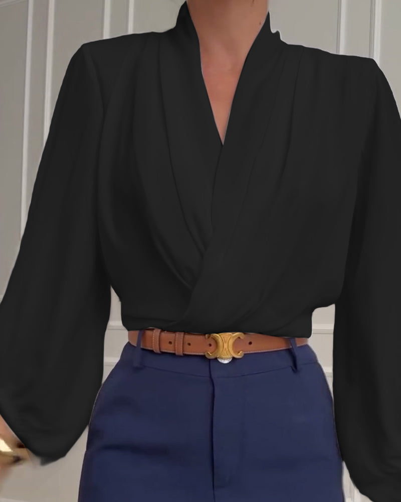 Trendy Lantern Sleeve Blouse with Solid V-Neck