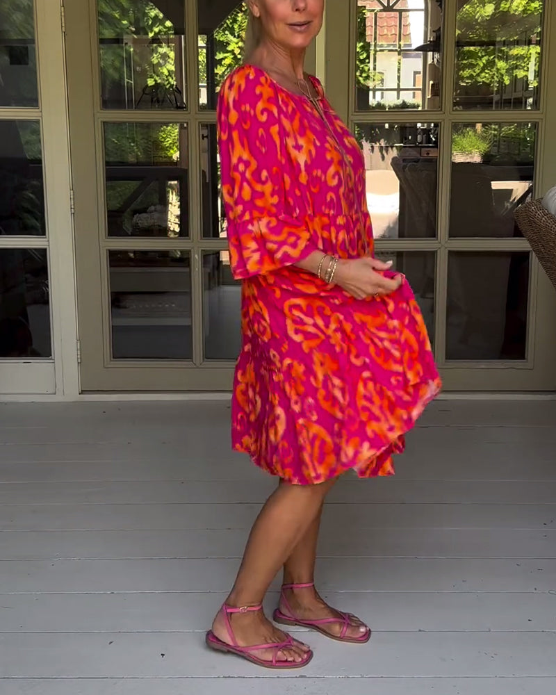 Red Dress With Print And Three-Quarter Sleeves
