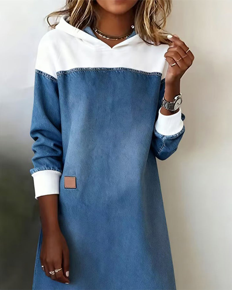 Denim Patchwork Hooded Dress with Dropped Shoulders
