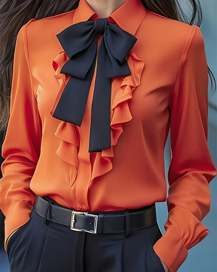 Long Sleeve Blouse with Knot and Ruffles
