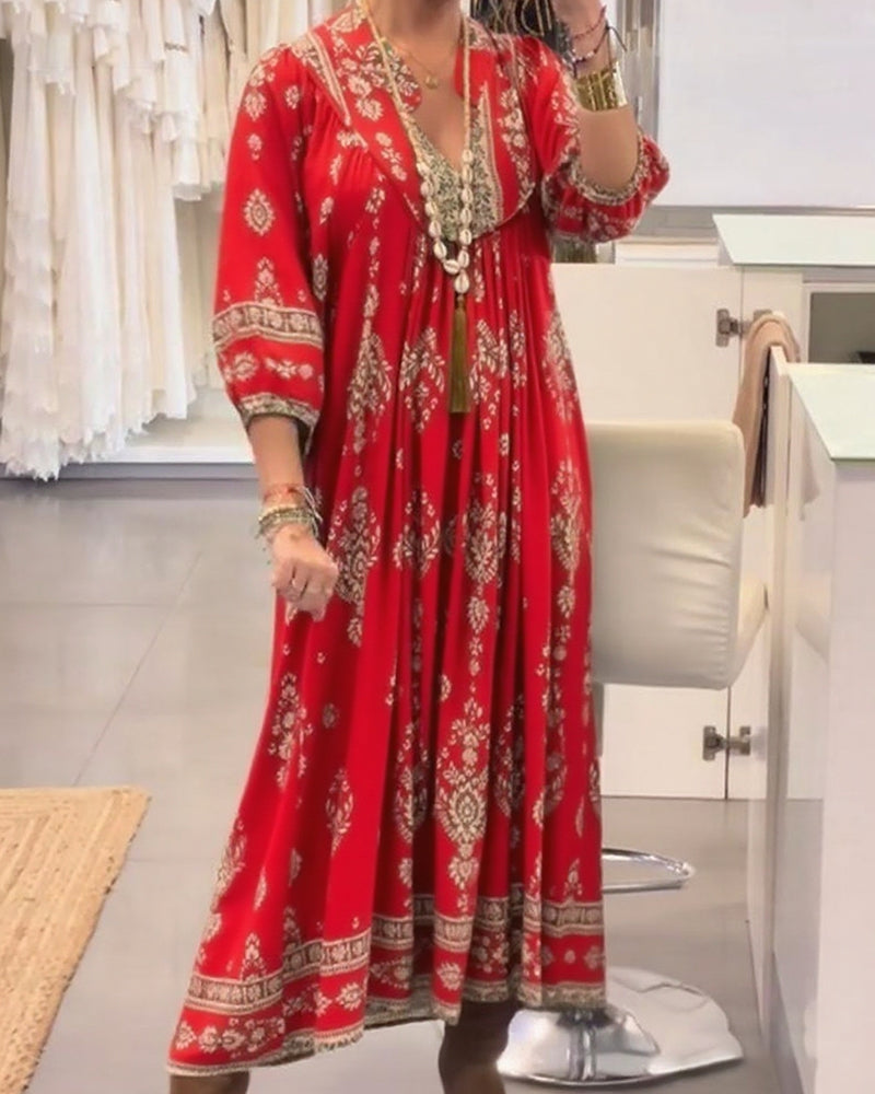 Casual Printed Dress with Loose Pockets