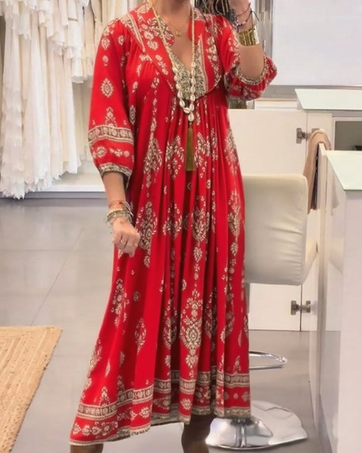 Casual Printed Dress with Loose Pockets