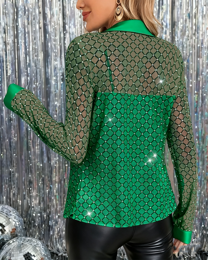 Shiny Shirt with Lapel Collar and Long Sleeves