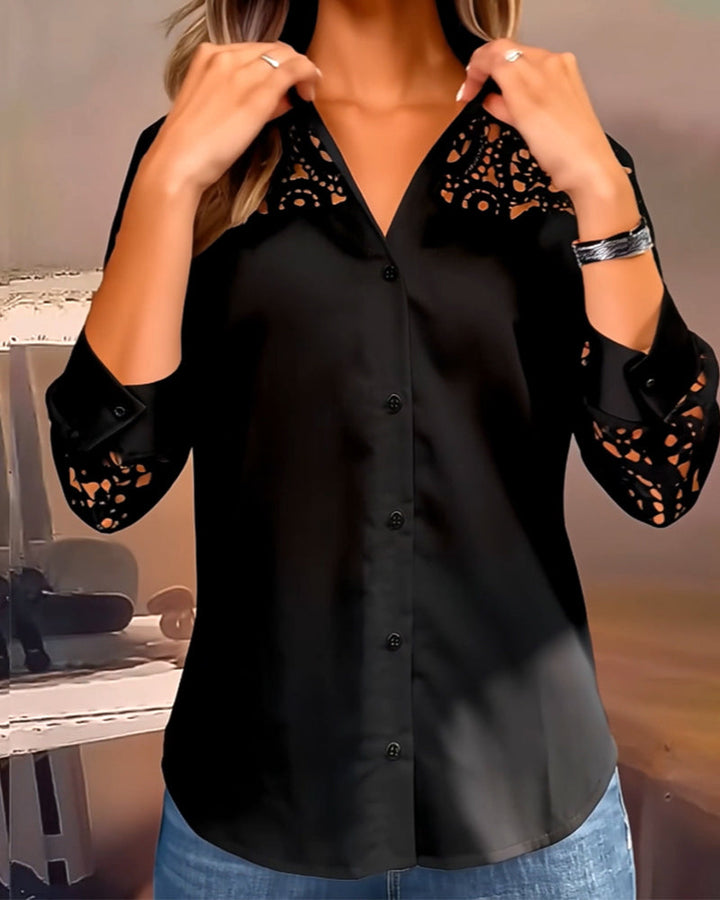 Solid Color Blouse with Lace Patchwork