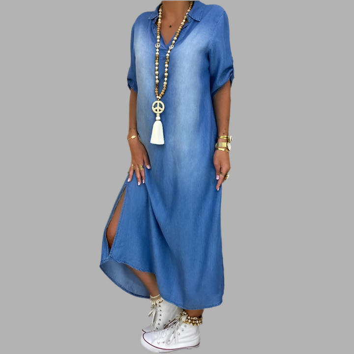 Lea | Long denim-look dress with side slit