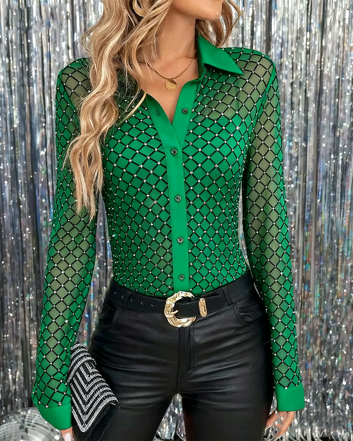 Shiny Shirt with Lapel Collar and Long Sleeves