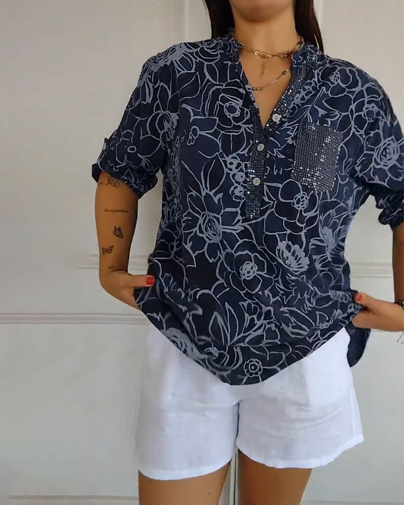 Kelya | Loose Floral Print Blouse with Glitter Details