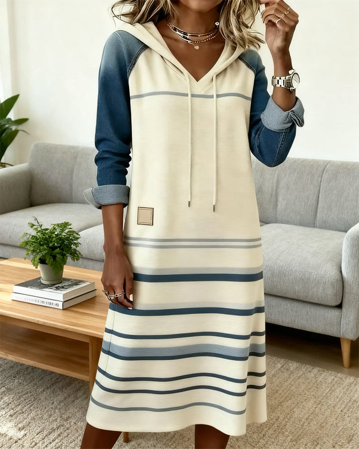 Striped Hooded Dress with Color Mixing