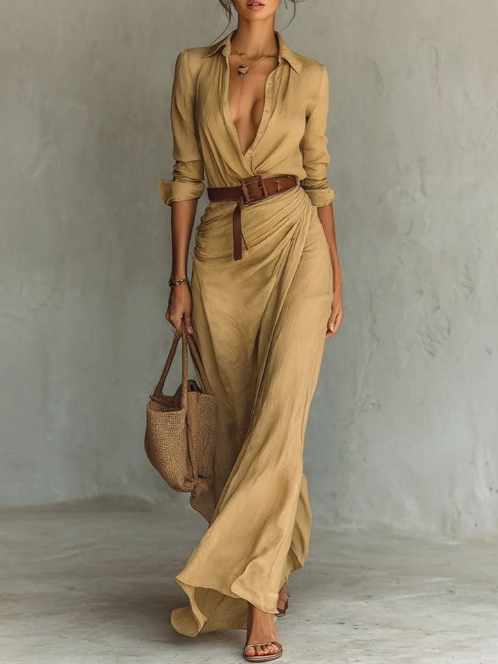 Long Belted Dress With Long Sleeves And Lapels