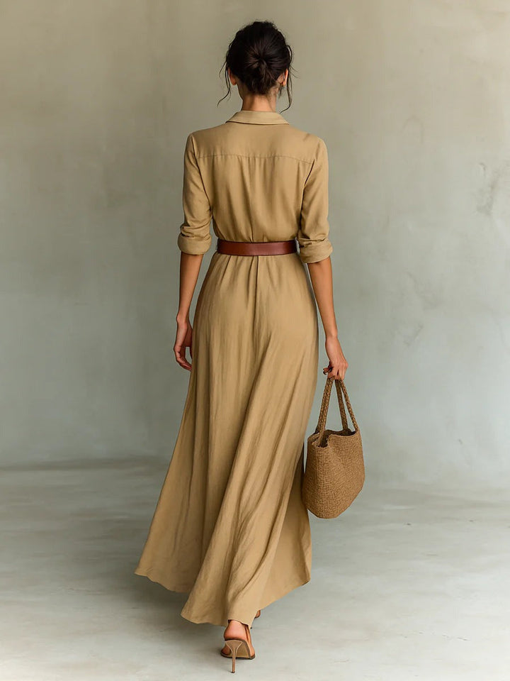 Long Belted Dress With Long Sleeves And Lapels